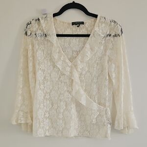 Lauren Ralph Lauren Petite Lace Wrap Around Blouse with Ruffle Neckline & Wrists